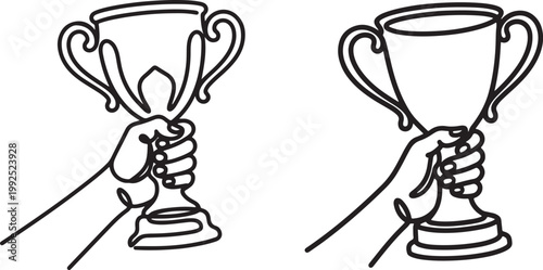 hands holding trophy icons set victory award achievement line art design vector illustration