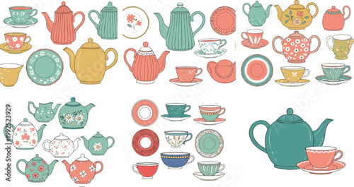 Large collection of vintage teapots cups and saucers with decorative patterns for tea time kitchen vector illustration set