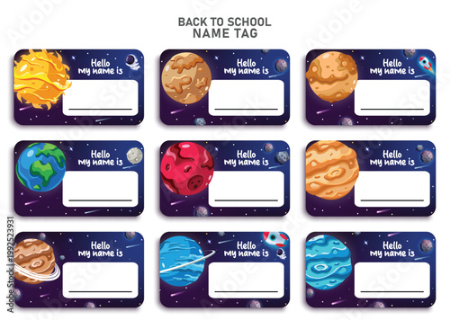 Back to School Name Tag template clipart set. Name Tags in Galaxy theme with colorful planets and solar system clip art label cards for kids name, personal information, and classroom identification