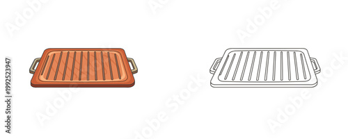 Outdoor grill tray in cartoon and line art style with brown and grey colors used for roasting meat and vegetables on a barbecue surface