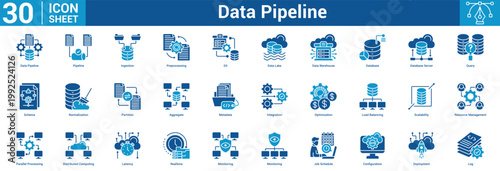 Data Pipeline editable icon set vector illustration concept for business with icon of Data Pipeline, Pipeline, Ingestion, Preprocessing, Etl, Data Lake, Data Warehouse, Database, Database Server.