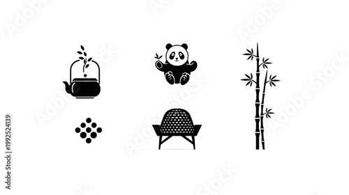 Black and white vector icons with Asian theme, featuring a cute panda, bamboo shoots, traditional teapot, and garden bench design elements