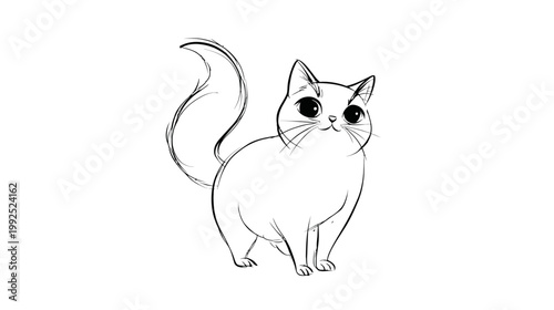 Cute white cat sketch illustration with big innocent eyes and a fluffy tail, adorable black and white line art drawing.