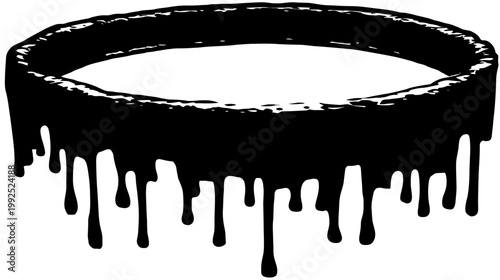 Grungy black paint or ink dripping from a circular ring graphic element, liquid spill border design with dark texture background