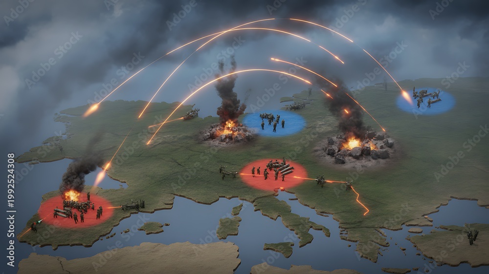 Fototapeta premium Russia attacks Ukraine. Russian forces surrounded Ukraine, firing missiles on cities, military targets. Military intervention, war crisis. The Russian troops invasion of Ukraine, danger for Europe.
