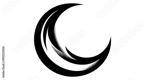 Abstract black crescent moon graphic with grunge brush stroke texture. Mystical celestial symbol design element for web and print.