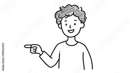 Smiling hand-drawn cartoon man pointing finger left. Young person indicating direction, showing, or recommending concept illustration.