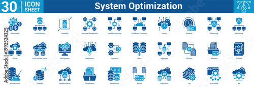 System Optimization editable icon set vector illustration concept for business with icon of Optimization, Load Balancing, Scalability, Resource Management, Parallel Processing, Distributed Computing.