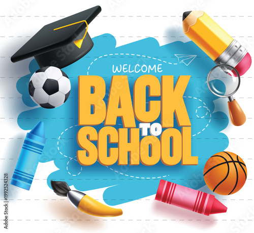 Welcome Back to School greeting card clipart design. Back to School greeting text with educational supplies like mortar board, pencil, magnifying glass, ball, crayon and paint brush in blue abstract