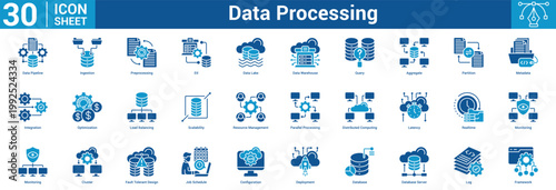 Data Processing editable icon set vector illustration concept for business with icon of Data Pipeline, Ingestion, Preprocessing, Etl, Data Lake, Data Warehouse, Query, Aggregate, Partition, Metadata.