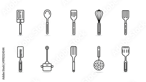 Kitchen Utensils Line Icons Set. Collection of Cooking and Baking Tools: Spatulas, Whisk, Ladle, Slotted Spoon.