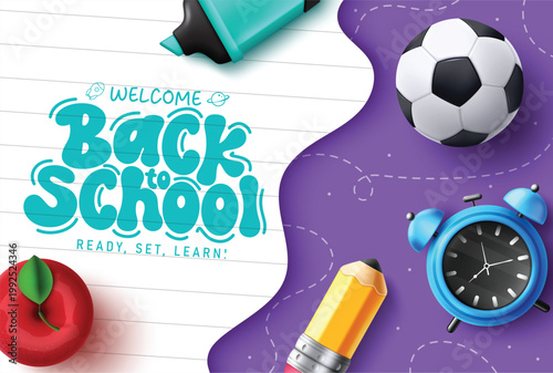 Welcome Back to School greeting clipart design. Back to School greeting text clip art with educational supplies like ball, alarm clock, pencil, apple and highlighter in paper purple doodle background
