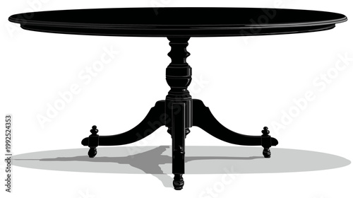 Elegant round black pedestal table isolated on white background. Classic vintage style furniture for interior design and home decor.
