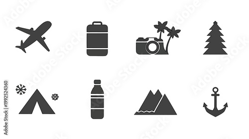 Collection of flat design travel and outdoor adventure icons. Modern vector symbols for vacation, nature exploration, and transport.