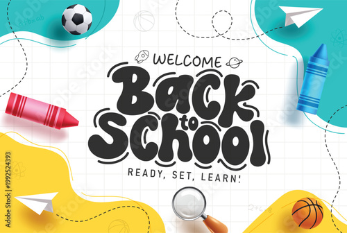 Back to School Typography Clipart Design. Welcome Back to School text with abstract grid lines background and education elements with crayons, magnifying glass, paper plane and soccer clip art