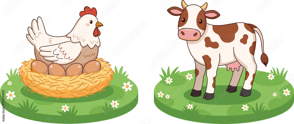 Fototapeta premium Farm Animals - Cute Vector Illustration of Chicken and Cow