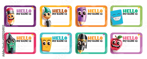Cute School Supplies Character Name Tag Template Clipart Set. Back to School name tag template clip art set with cute character collection of cartoon school supplies like pencil, pen, crayon, notebook