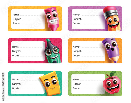 School Supplies Student Name Tag Template Clipart Set. Back to school student name tag template with cute character designs collection of school label, subject and grade cards for student