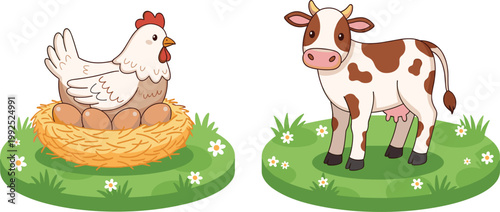 Farm Animals - Cute Vector Illustration of Chicken and Cow