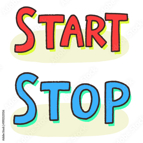 Cute hand-drawn START and STOP text set illustration in red and blue, pop art lettering clipart on white background