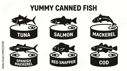 Diverse selection of nutritious canned seafood products presented in a clean, minimalist monochrome graphic style, highlighting popular options like tuna, salmon, and mackerel