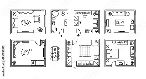 top view architectural furniture symbols set detailed cad plan vector icons for interior design and floor plans.