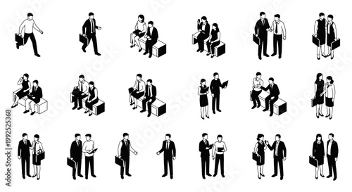 isometric business people vector set featuring male and female characters in various corporate work situations