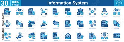 Information System editable icon set vector illustration concept for business with icon of Information, Data, Data, Repository, Metadata, Data Storage, Data Warehouse, Data Integration, Dat.