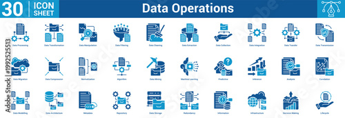 Data Operations editable icon set vector illustration concept for business with icon of Data Processing, Data Transformation, Data Manipulation, Data Filtering, Data Cleaning, Data Extraction, Dat.