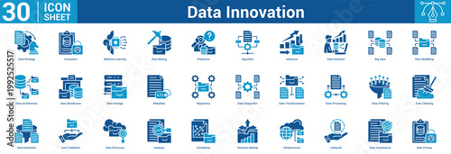 Data Innovation editable icon set vector illustration concept for business with icon of Data Strategy, Innovation, Machine Learning, Data Mining, Predictive, Algorithm, Inference, Data Scientist, Bi.