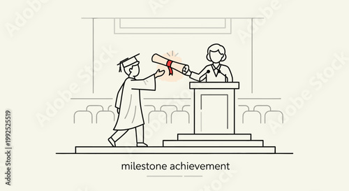 Line drawing of a graduate receiving a diploma from a presenter at a podium in a graduation ceremony with a minimalist style and neutral tones.