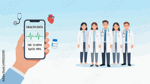 Doctors with health data on phone