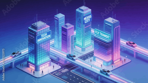 Futuristic cityscape with neon buildings