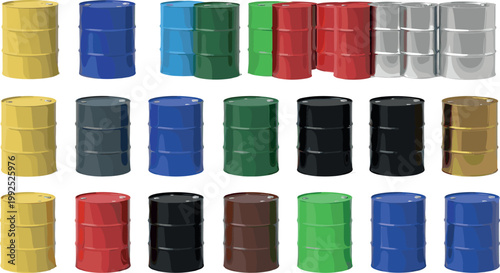 Oil barrel collection with colorful metal drums industrial containers vector set isolated on light background