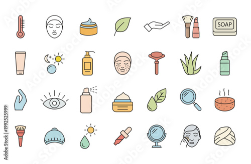 Skincare and Beauty Line Icons Set. Cosmetic, Facial Treatment, Wellness, Facial Symbols Editable Stroke