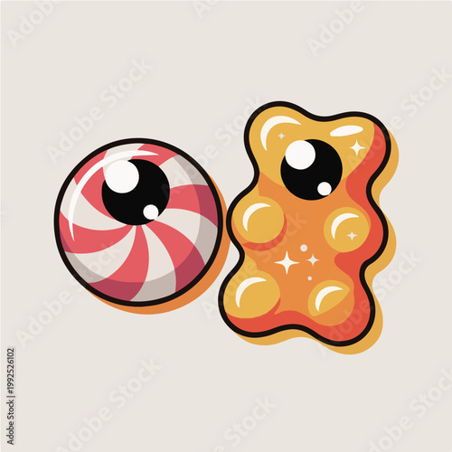 Set of colorful cartoon jelly beans, fruity chewy candy icons with glossy highlights isolated on white background