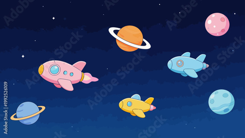 Colorful cartoon spaceships and planets
