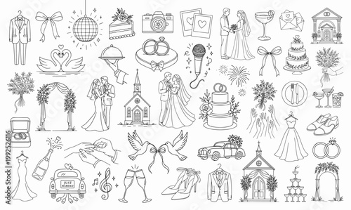 Wedding icons collection in elegant line style. Includes romantic symbols, ceremony elements, and celebration details. Perfect for invitations, cards, and event design.