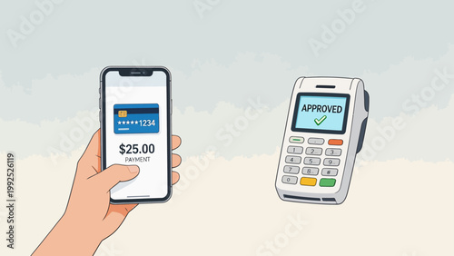Hand holding phone with payment screen near card reader