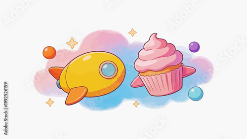 Rocket and cupcake in space