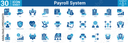 Payroll System editable icon set vector illustration concept for business with icon of Salary, Wage, Wages, Remuneration, Payday, Bonus, Overtime, Invoice, Contract, Employment, Employee Benefits.