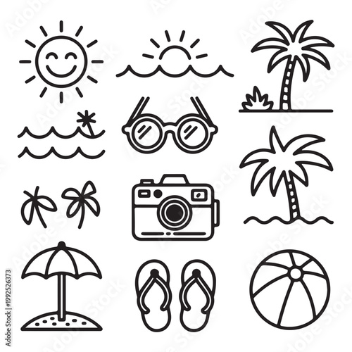 Set of hand drawn summer holiday icons, black line art doodle vacation symbols isolated on white background