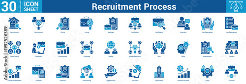 Recruitment Process editable icon set vector illustration concept for business with icon of Recruitment, Recruitment, Hiring, Hiring, Applicant, Job Seeker, Job Search, Interview, Job Description, Jo.