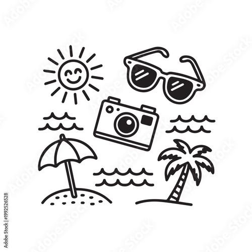 Set of hand drawn summer holiday icons, black line art doodle vacation symbols isolated on white background