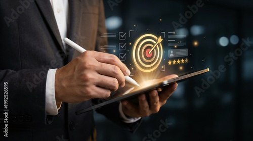 Professional interaction with a golden glowing tablet icon with a flash in the center, stars, and a customer satisfaction checklist with a business goal, marketing strategy
