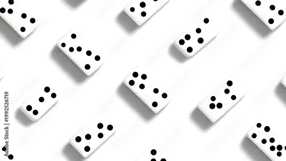 Rows of white domino tiles with bold black pips create a seamless repeating pattern that evokes playfulness, chance and strategy