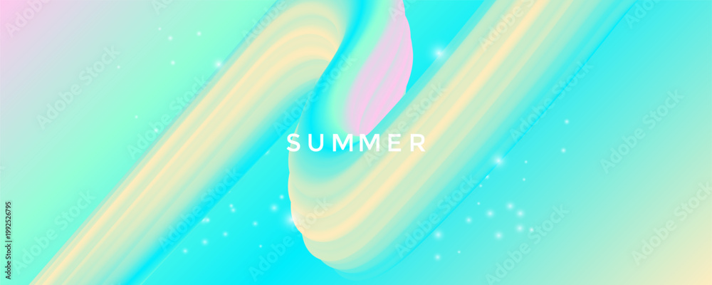 Fototapeta premium Fluid wave in turquoise and pale yellow tones with glowing spark particles. Summer soft gradient background