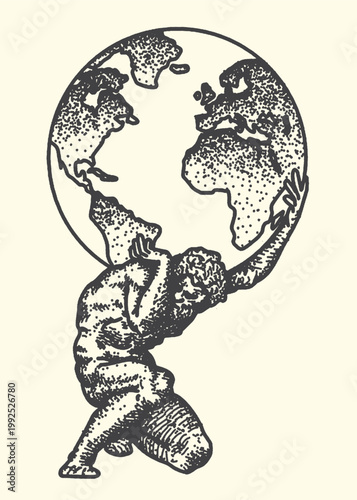 Atlas holds the globe on his shoulders mythological sculpture illustration mythology shoulders sculpture strength struggle carrying illustration engraving classical muscular kneeling