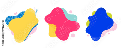 Abstract organic liquid shapes in vibrant yellow pink and blue colors with grain texture and geometric patterns isolated