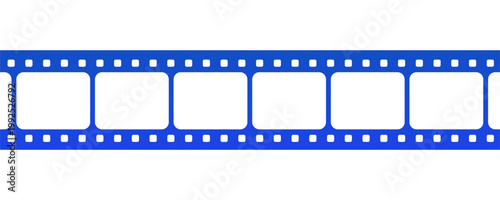 Horizontal blue film strip with empty white frames and sprocket holes isolated